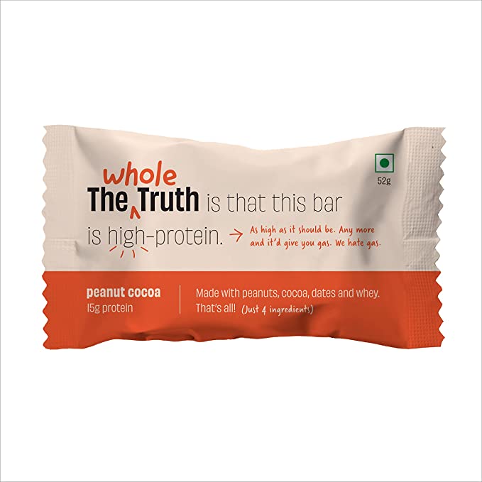 Protein Bar | Peanut Cocoa (Made With Peanut Cocoa, Dates And Whey) - No Added Sugar - The Whole Truth - 52gm