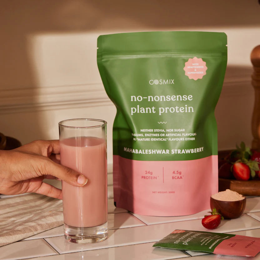 Protein Powder | Plant Protein – No Nonsense – Mahabaleshwar Strawberry – 24gm Protein Per Serving - Gluten Free, Lactose Free, No Trans Fat, Soy Free, No Added Sugar, Artificial Flavors, No Gums & No Enzymes - Cosmix – 500gm