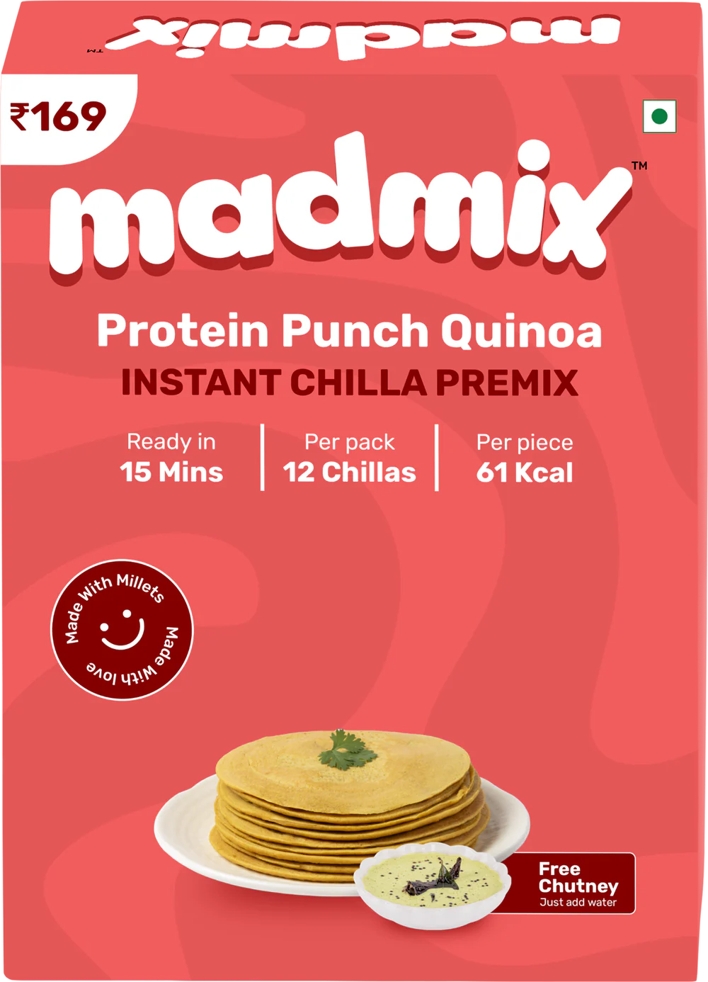 Chilla Premix | Instant – Protein Punch Quinoa – Per Piece 61 Kcal – Gluten Free, No Trans Fat, No MSG & No Added Preservatives – Per Pack 12 Chillas – madmix – 270gm