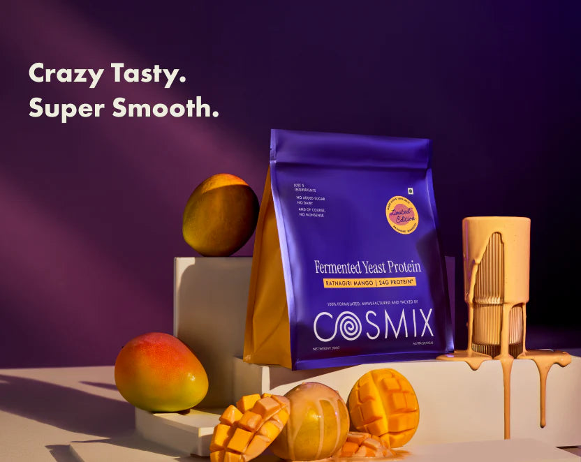 Protein Powder | Ratnagiri Mango Protein Powder (24g Protein Per Serving)-Made with Real Mango - Fermented Yeast Protein-Smooth, Tasty &amp; Gut-Friendly  – No Nonsense – No Added Sugar, No Added Sugar &amp; No Added Artificial Flavours – Cosmix – 500gm
