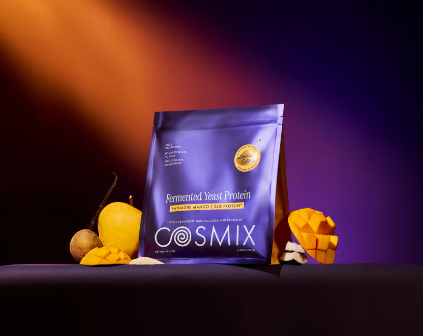 Protein Powder | Ratnagiri Mango Protein Powder (24g Protein Per Serving)-Made with Real Mango - Fermented Yeast Protein-Smooth, Tasty & Gut-Friendly – No Nonsense – No Added Sugar, No Added Sugar & No Added Artificial Flavours – Cosmix – 500gm