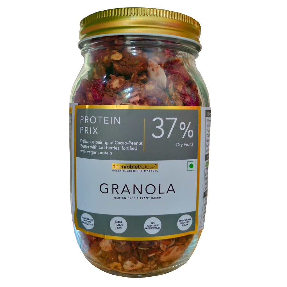 Granola | Protein Prix - 37% Dry Fruits – Vegan, Gluten Free, Zero Trans Fat, No Additives &amp;amp; Preservatives – The Nibble Box – 500gm