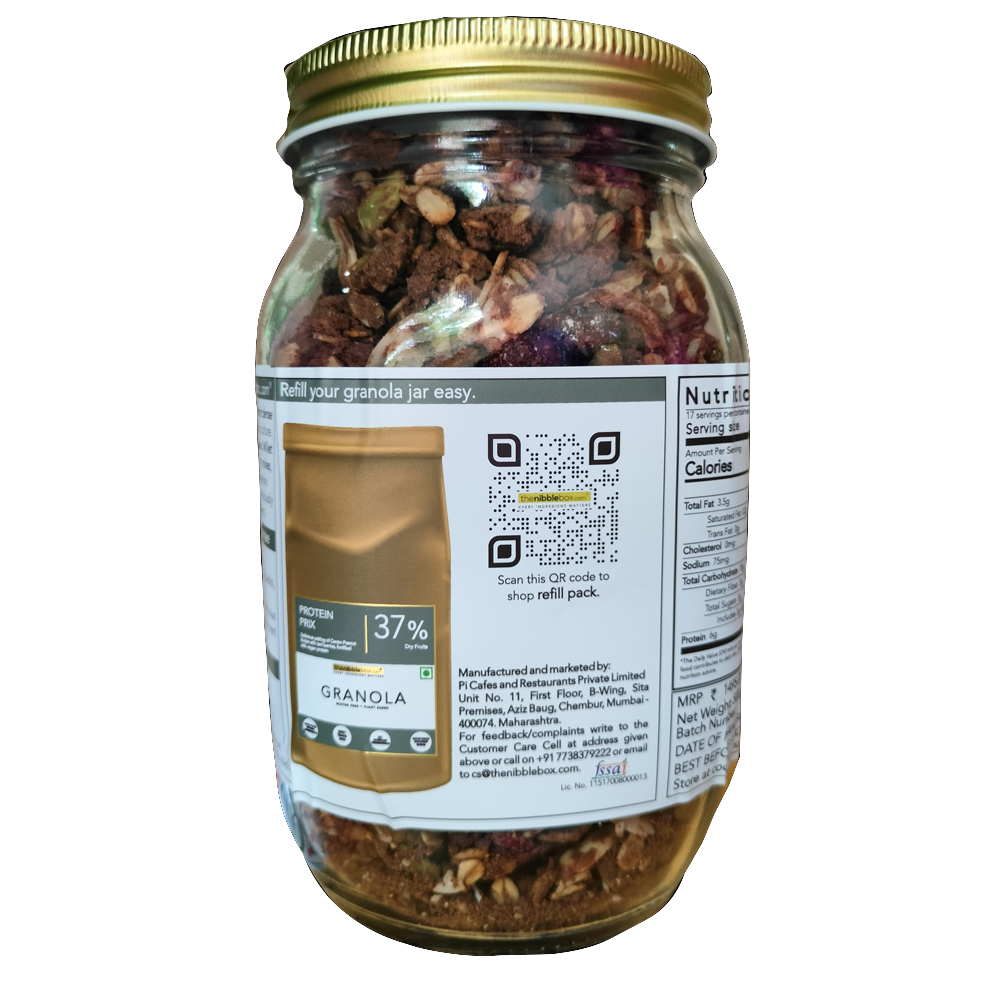 Granola | Protein Prix - 37% Dry Fruits – Vegan, Gluten Free, Zero Trans Fat, No Additives &amp;amp; Preservatives – The Nibble Box – 500gm