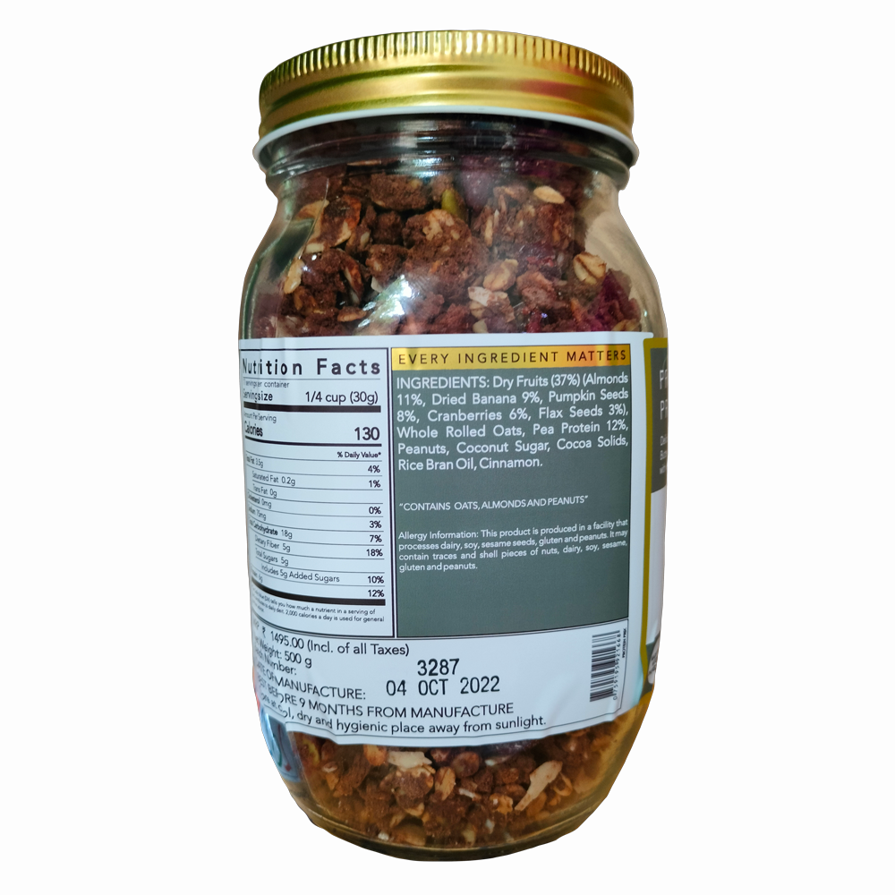 Granola | Protein Prix - 37% Dry Fruits – Vegan, Gluten Free, Zero Trans Fat, No Additives &amp;amp; Preservatives – The Nibble Box – 500gm