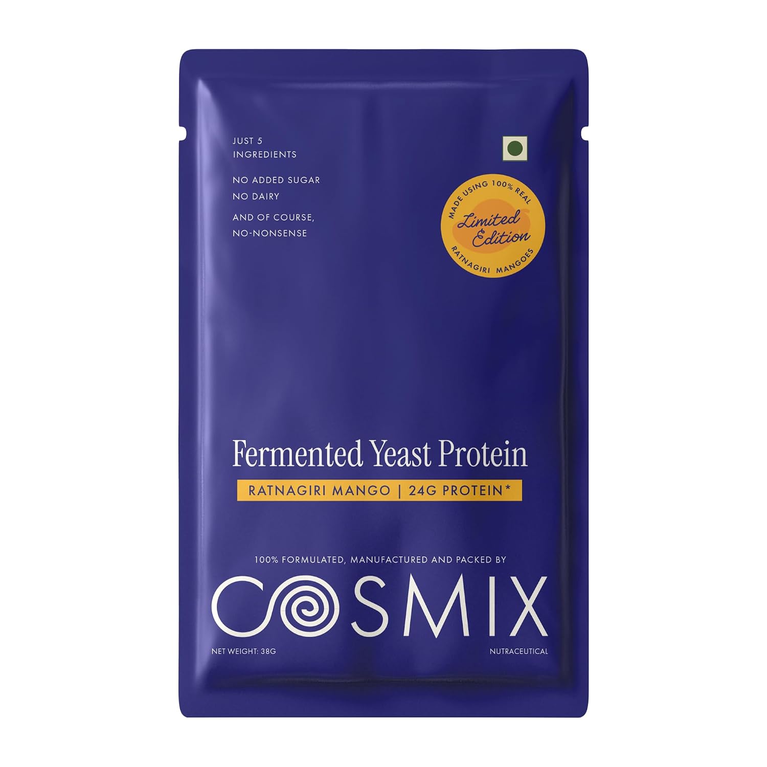 Protein Powder | Ratnagiri Mango (24g Protein Per Serving)-Made with Real Mango - Fermented Yeast Protein-Smooth, Tasty &amp; Gut-Friendly  – No Nonsense – No Added Sugar, No Added Sugar &amp; No Added Artificial Flavours – Cosmix – 38gm
