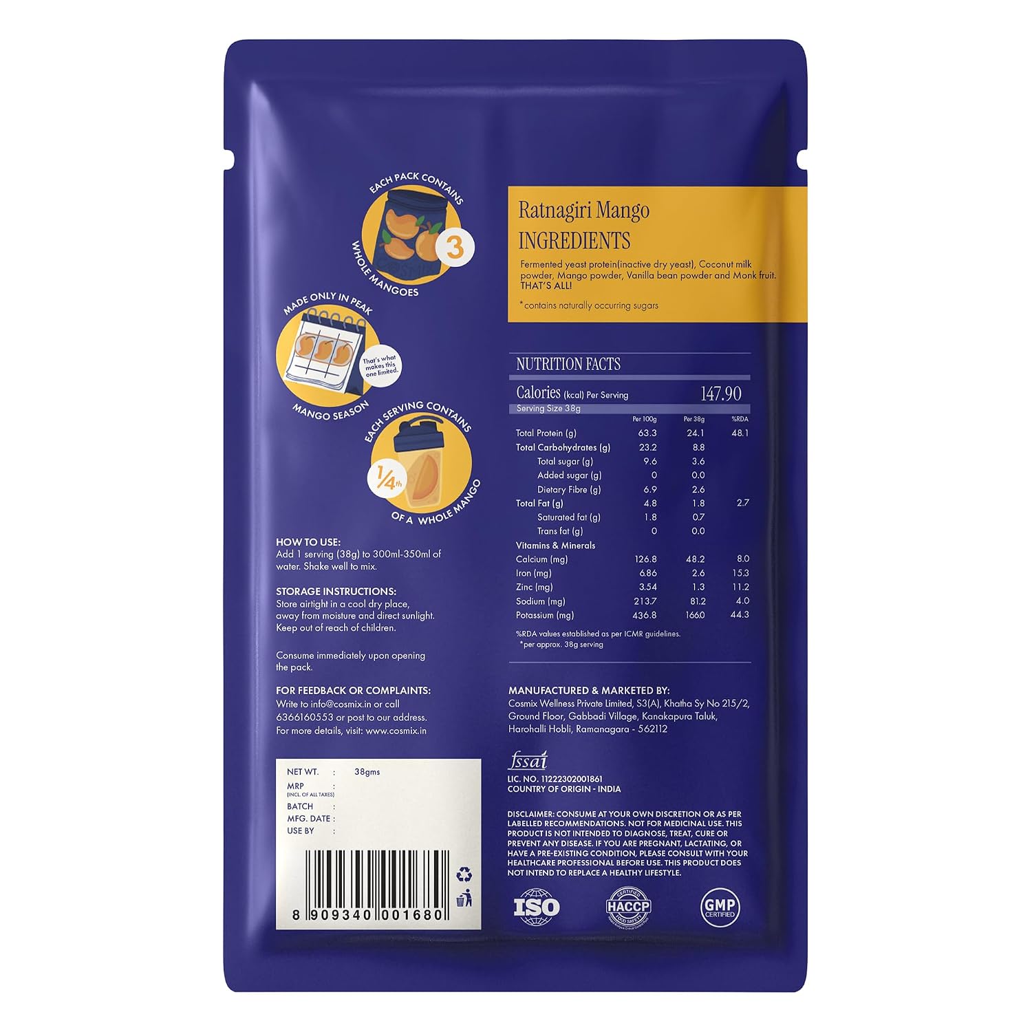 Protein Powder | Ratnagiri Mango (24g Protein Per Serving)-Made with Real Mango - Fermented Yeast Protein-Smooth, Tasty &amp; Gut-Friendly  – No Nonsense – No Added Sugar, No Added Sugar &amp; No Added Artificial Flavours – Cosmix – 38gm