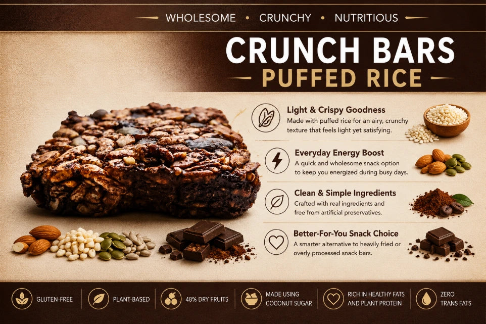 Bar | Puffed Rice Crunch Bars - 48% Dry Fruits- Gluten free, Vegan -Zero Trans Fats , No Preservatives -The Nibble Box - 25gm