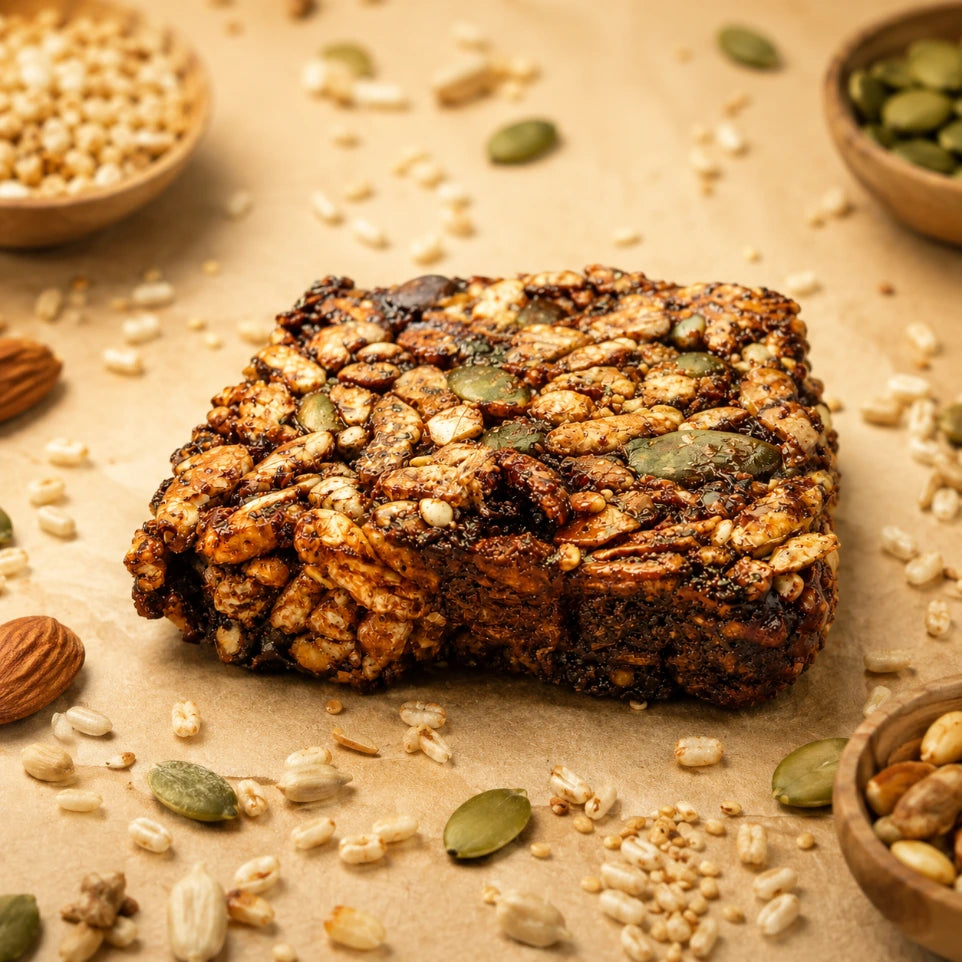 Bar | Puffed Rice Crunch Bars - 48% Dry Fruits- Gluten free, Vegan -Zero Trans Fats , No Preservatives -The Nibble Box - 25gm