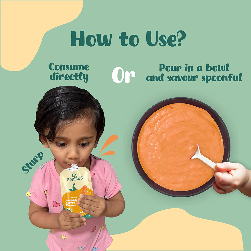 Puree | Pumpkin, Carrot, and Banana Puree - Sweet &amp; Savory Flavors - 100% Natural - Cold Pressed Ingredients - No Added Sugar, Salt, Flavours, Colours &amp; No Artificial Ingredients - Lil Sprouts - 100gm