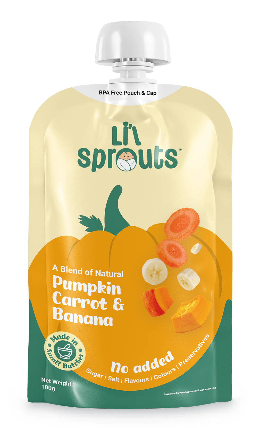 Puree | Pumpkin, Carrot, and Banana Puree - Sweet &amp; Savory Flavors - 100% Natural - Cold Pressed Ingredients - No Added Sugar, Salt, Flavours, Colours &amp; No Artificial Ingredients - Lil Sprouts - 100gm