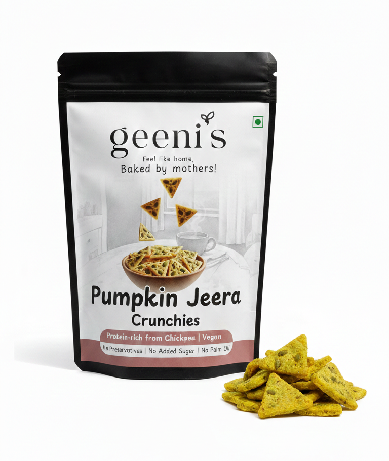 Crunchies | Pumpkin Jeera Crunchies - Oven Baked - Vegan, Gluten Free, High In Protein, Mess Free, No Preservatives, Additives & No Added Artificial Ingredients - Geenis - 200gm