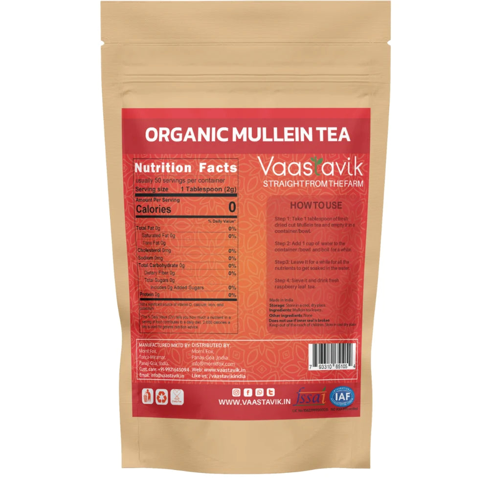 Tea | Pure Mullein – Dried Tea Cut - Himalayan Sourced – Traditional Medicinal Tea – Organic – Healthy Lung Detox, Caffeine Free &amp;amp; No Added Sugar – Vaastavik – 100gm