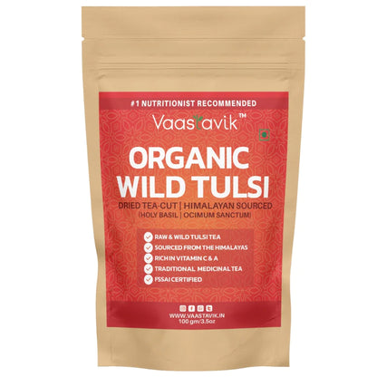 Tea | Wild Tulsi Tea (Ocimum sanctum) - Dried Cut Herb – Himalayan Sourced – Traditional Medicinal Tea - Organic - High In Vitamin C And A, Caffeine Free &amp;amp; No Added Sugar – Vaastavik – 100gm
