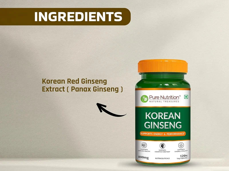 Korean Ginseng (Panax) -Supports Energy &amp; Performance (800mg )-Cognitive Supports, Support Immune - Pure Nutrition - 120 Veg Capsules