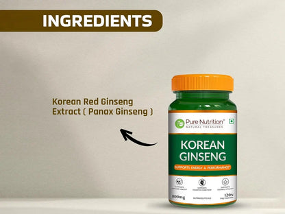 Korean Ginseng (Panax) -Supports Energy &amp; Performance (800mg )-Cognitive Supports, Support Immune - Pure Nutrition - 120 Veg Capsules