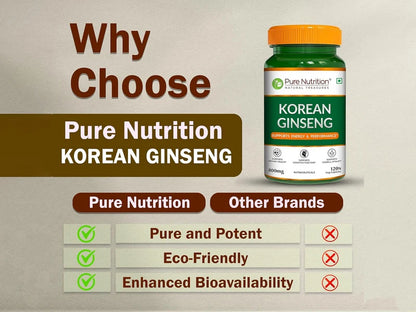 Korean Ginseng (Panax) -Supports Energy &amp; Performance (800mg )-Cognitive Supports, Support Immune - Pure Nutrition - 120 Veg Capsules