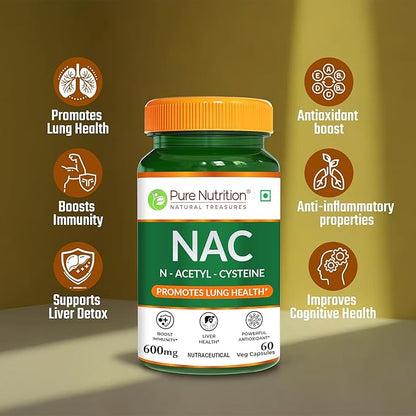NAC | NAC (N-Acetyl L-Cysteine) – Boosts Immunity, Supports Liver Health, Provides Antioxidant Protection, And Promotes Lung &amp; Respiratory Health – Pure Nutrition – 600mg – 60 Veg Capsules