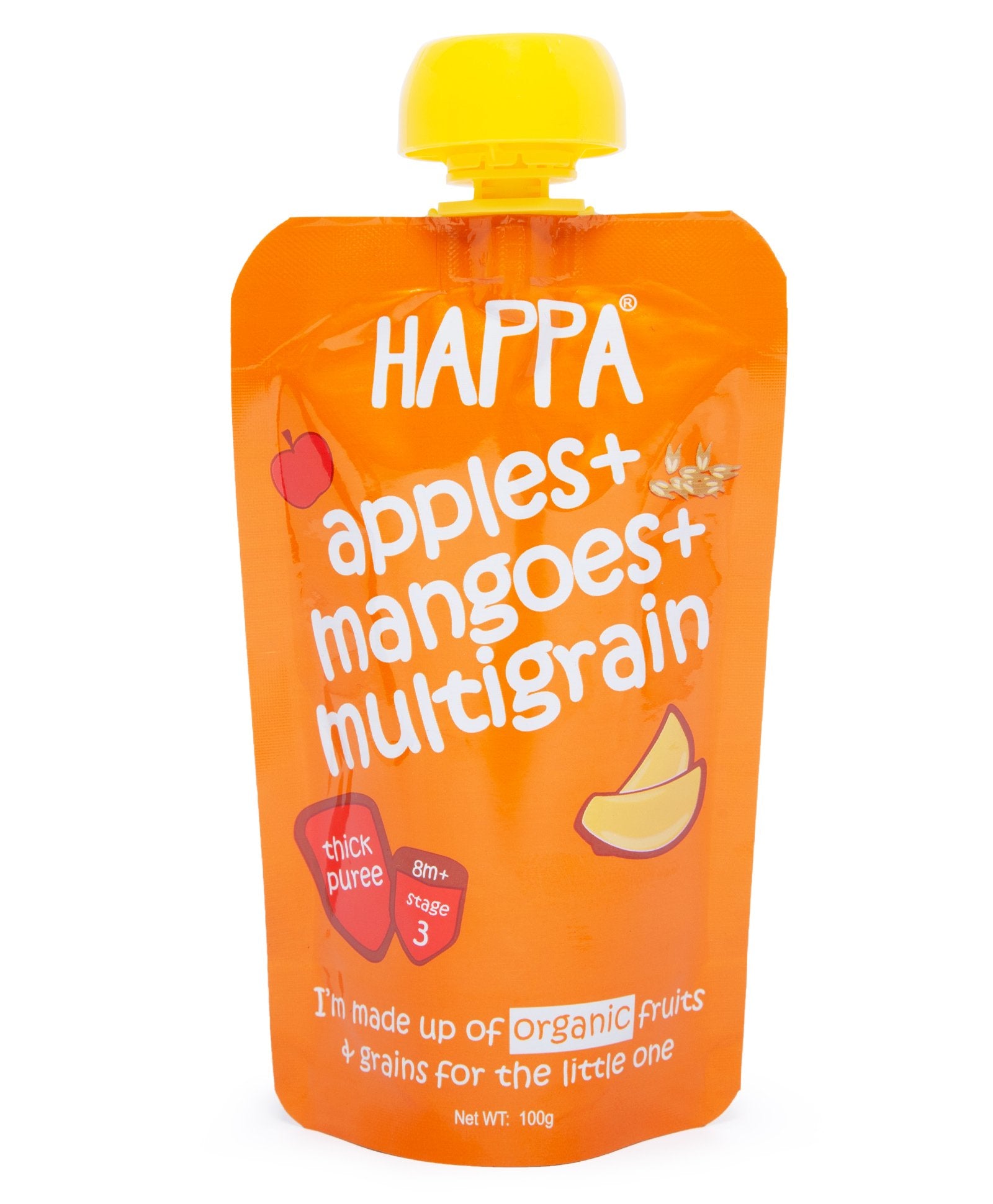 Puree | Apple Mango &amp; Multigrain Puree – Organic – Vegan, Gluten Free, No Added Sugar, No Salt, No Added Flavours, Colours &amp; No Added Preservatives – Happa – 100gm