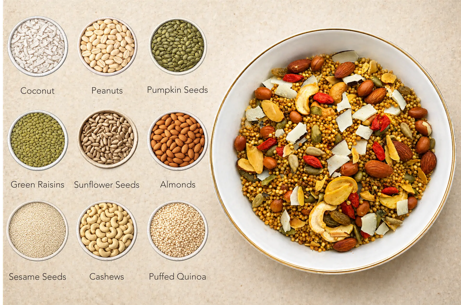 Chivda |Quinoa Chivda (41% nuts-seeds) Granola - Lite Savoury -Plant Based, Gluten Free, Vegan Friendly, Made using Coconut Sugar- No Preservatives, No Added Refined Sugar, Zero Trans Fats -The Nibble box- 300gm