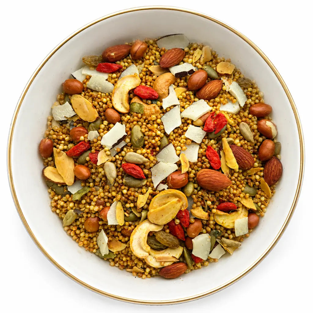 Chivda |Quinoa Chivda (41% nuts-seeds) Granola - Lite Savoury -Plant Based, Gluten Free, Vegan Friendly, Made using Coconut Sugar- No Preservatives, No Added Refined Sugar, Zero Trans Fats -The Nibble box- 300gm
