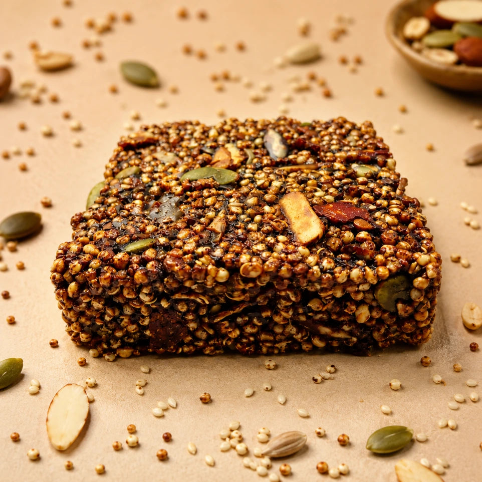 Bar | Quinoa Crunch Bars - 47% Dry fruits by Weight - Gluten free, Vegan- Made with Puffed Quinoa using Coconut Sugar-Zero Trans Fats , No Preservatives -The Nibble Box - 25gm