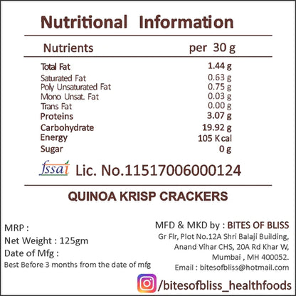 Quinoa Krisps | Oven Baked – Vegan, No Added Preservatives, Iron Rich &amp; Diabetic Friendly – Bites Of Bliss – 125gm