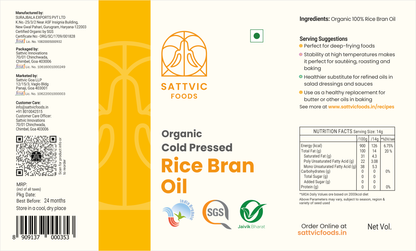 Rice Bran Oil | Organic - Cold Pressed - Sattvic Food - 1000ml