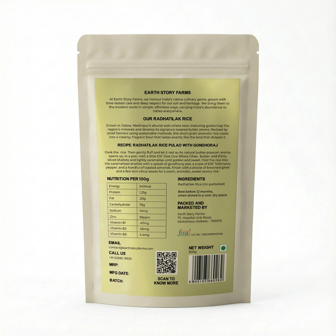 Rice | Radhatilak Rice (Un-Parboiled)-Farms of Debra in West Bengal -100% Pure- Preservative Free, Chemical Free - Earth Story Farms- 400gm