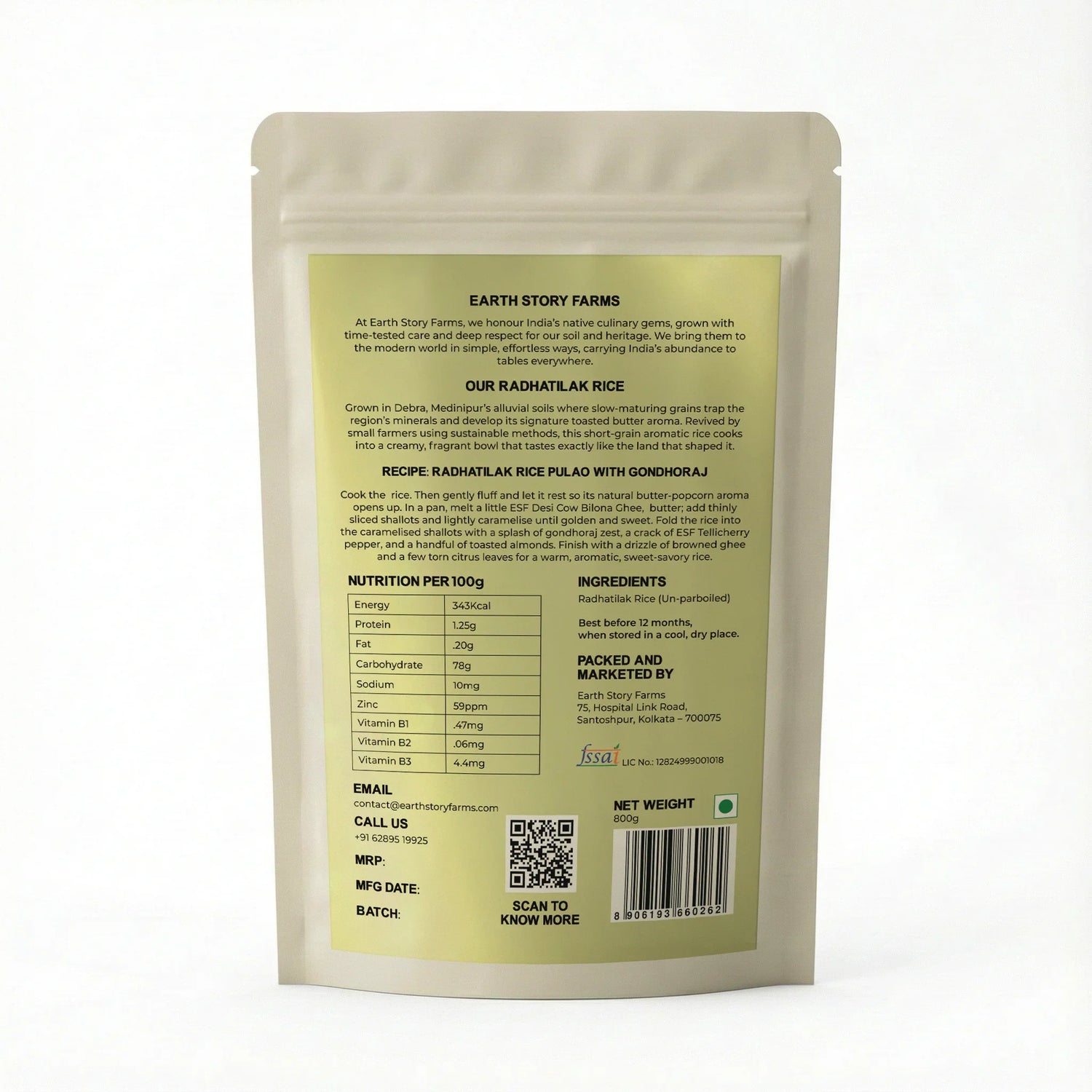 Rice | Radhatilak Rice (Un-Parboiled)-Farms of Debra in West Bengal -100% Pure- Preservative Free, Chemical Free - Earth Story Farms- 400gm