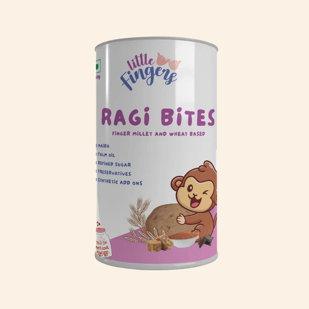 Ragi Bites (Finger Millet And Wheat Based)  -No maida, Palm Oil, No Added Preservatives , Refined Sugar –Little Fingers– 150gm