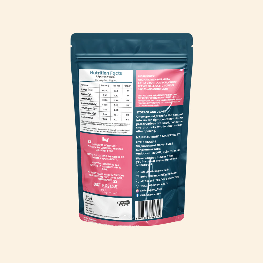 Murmura | Ragi Murmura (Finger Millet)- Roasted Using Olive Oil – Gluten Free-  No Added Preservatives ,No Palm Oil, Refined Sugar –Little Fingers– 100gm