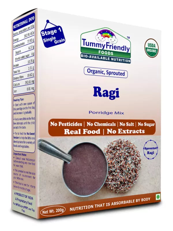 Ragi Porridge Mix | Sprouted - Baby Food - Single Grain - USDA Organic - No Pesticides, Chemical, Salt & No Sugar - Tummy Friendly Foods - 200gm