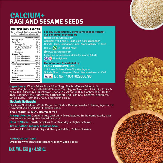 Cookies | Calcium+ Ragi And Sesame Seeds Jaggery Cookies – No Refined Sugar, No Maida &amp; No Soda – Early Foods – 150gm