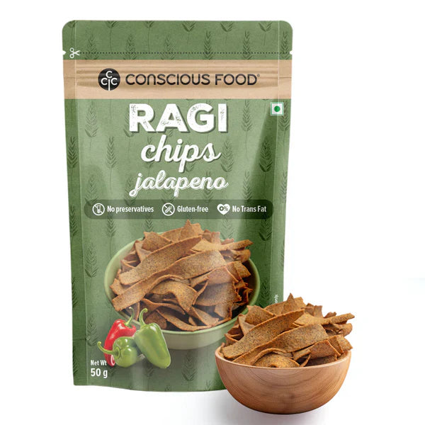 Chips | Ragi Jalapeno Chips - Gluten Free, No Trans Fat & No Added Preservatives - Conscious Food - 50gm