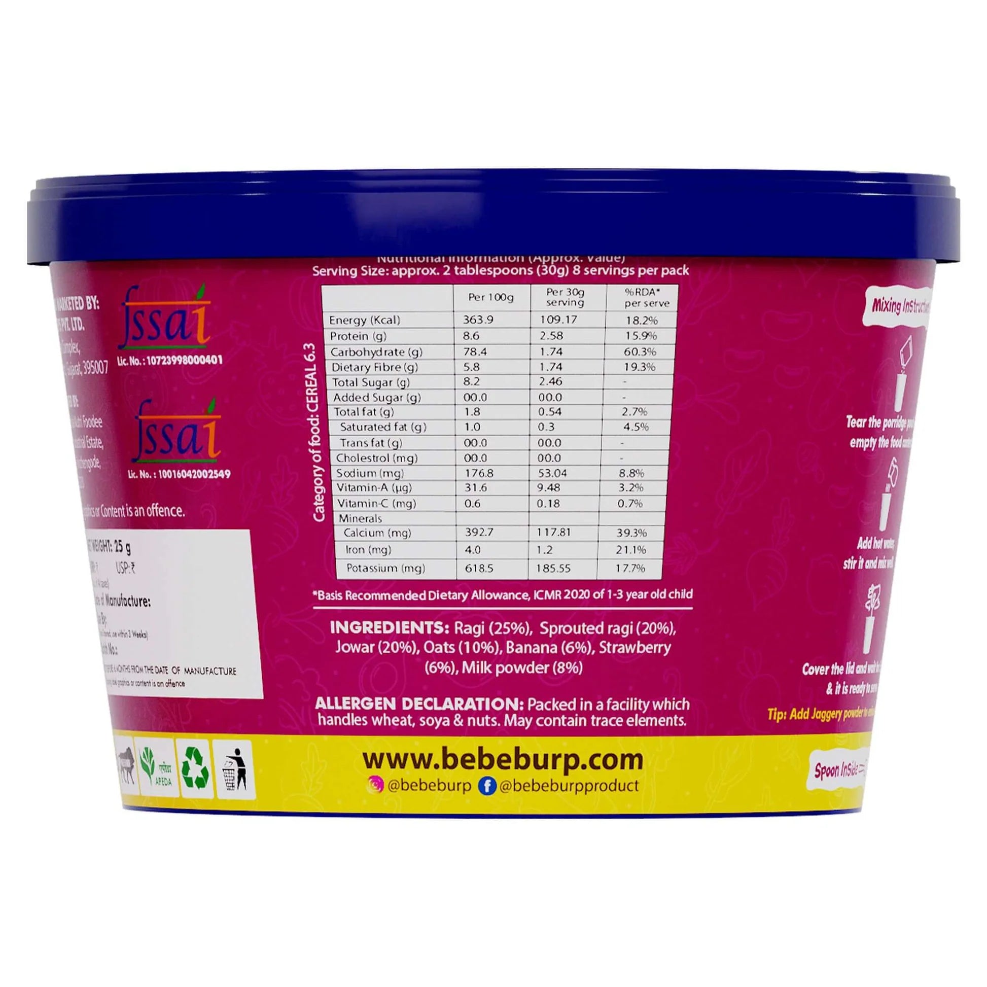 Porridge | Grab &amp; Go (Ragi With Banana &amp; Strawberry) - Natural Food - No Sugar ,No Salt - No Artificial Preservatives &amp; Flavours - Bebe Burp- 30gm