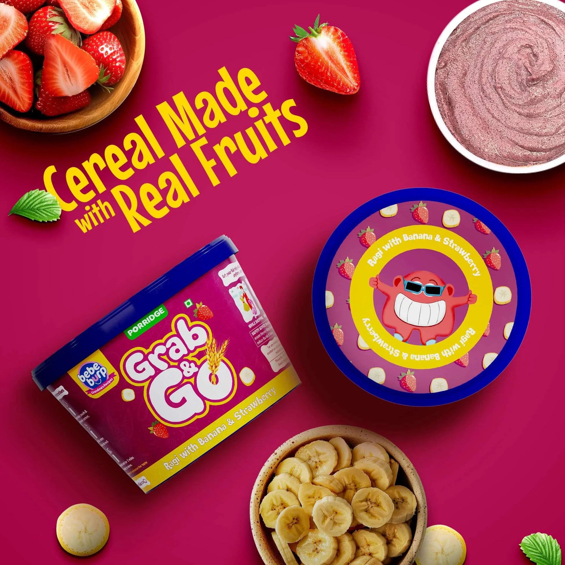 Porridge | Grab &amp; Go (Ragi With Banana &amp; Strawberry) - Natural Food - No Sugar ,No Salt - No Artificial Preservatives &amp; Flavours - Bebe Burp- 30gm