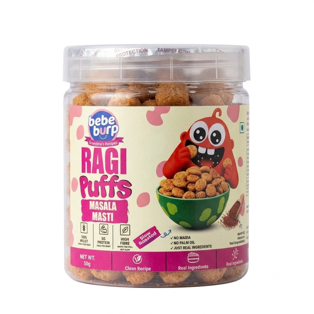 Puffs | Ragi Masala Masti Baby Puffs  – Gluten Free, Cholesterol Free, No Added Preservatives &amp;amp; No Trans Fat – Bebe Burp – 35gm