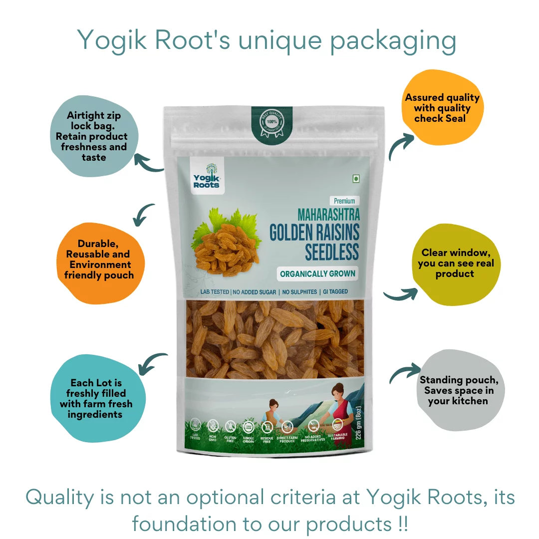 Raisin | Golden (Seedless) - Maharashtra’s - Organically Grown - Gluten Free, No Added Preservatives, Sugar &amp; No Sulphur dioxide - Yogik Roots - 400gm