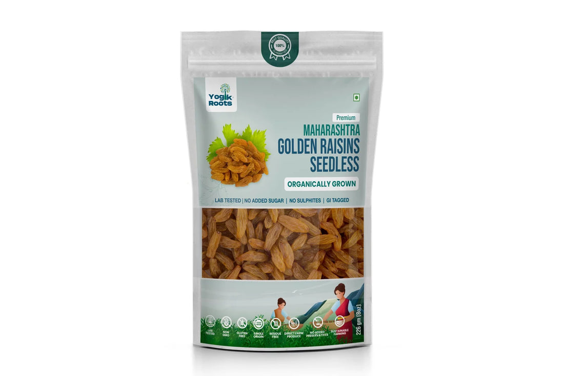 Raisin | Golden (Seedless) - Maharashtra’s - Organically Grown - Gluten Free, No Added Preservatives, Sugar & No Sulphur dioxide - Yogik Roots - 400gm