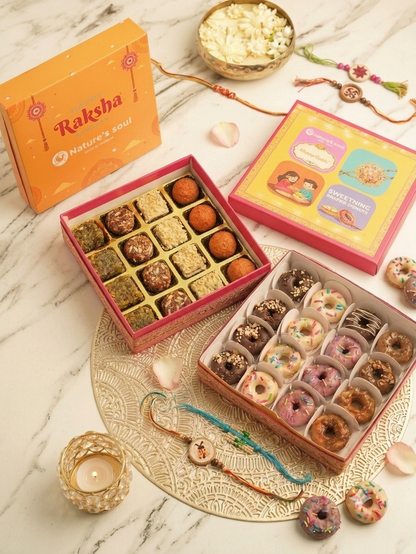 Rakhi Mithai Box  &amp; Rakhi Donut  Combo Pack - Vegan, Gluten Free &amp; Refined Sugar Free- Per Box of 4x4