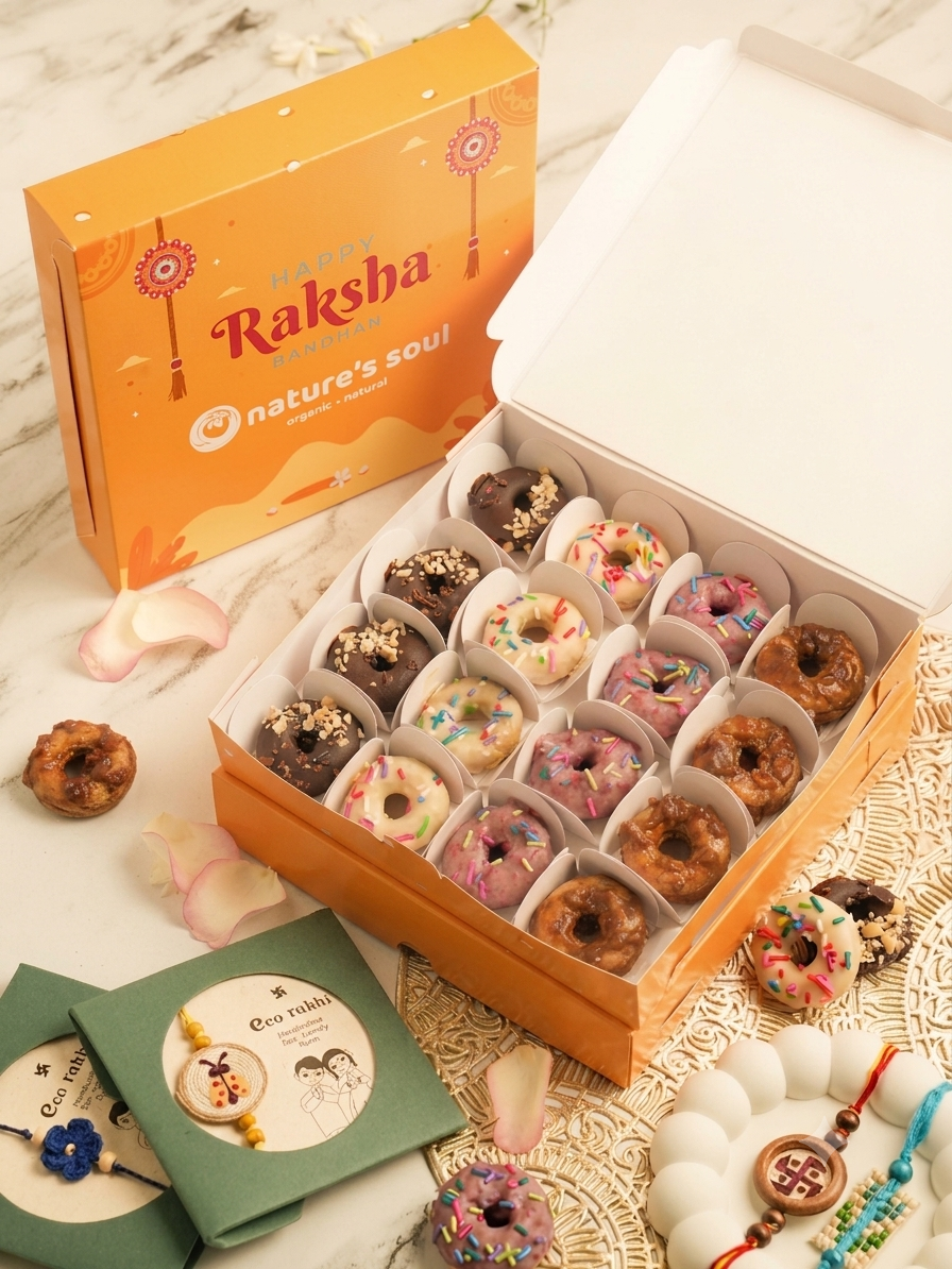 Rakhi Donut Box - Vegan Gluten Free &amp; Refined Sugar Free - Box of 4x4 Donuts