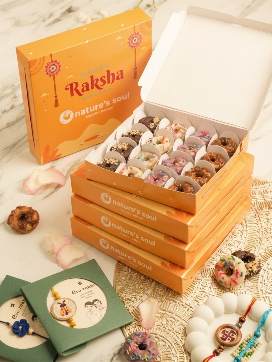 Rakhi Donut Box - Vegan Gluten Free &amp; Refined Sugar Free - Box of 4x4 Donuts