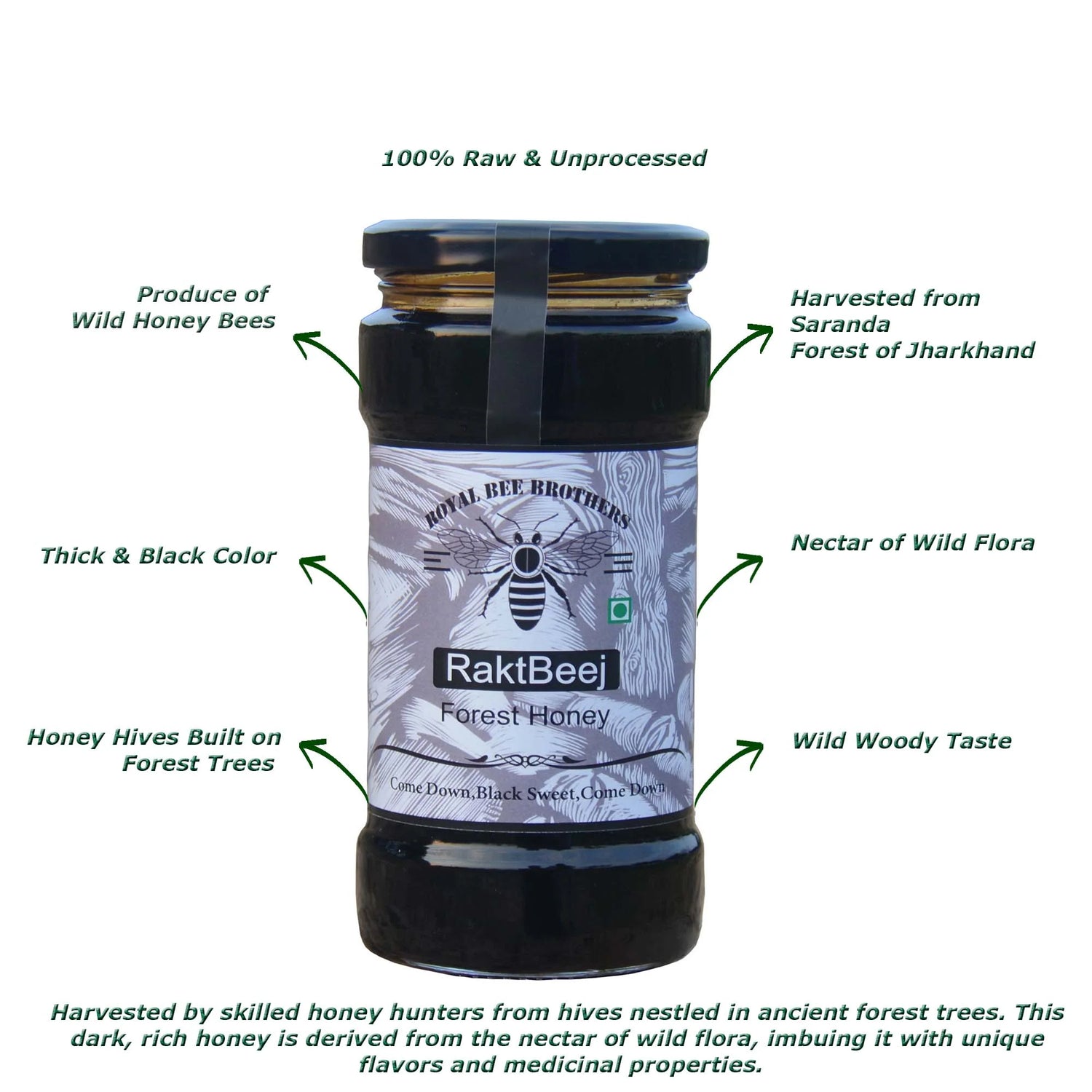 Honey | Raktbeej Forest Honey - No Added Adulteration, Sugar, Corn Syrup &amp;amp; No Added Artificial Additives, Coloring Agents Or Preservatives - ROYAL BEE BROTHERS - 250gm