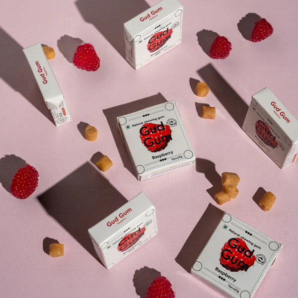 Raspberry Chewing Gum - 15 Pieces Per Pack - Natural - Indian - Vegan, Sugar Free &amp; Plastic Free - Gud Gum - 21gm