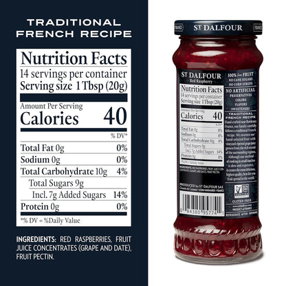 Raspberry Fruit Spread - Sweetened Only With Vineyard Ripened Grape &amp; Fruit Juices – 100% From Fruit - Gluten Free - Dalfour - 284gm