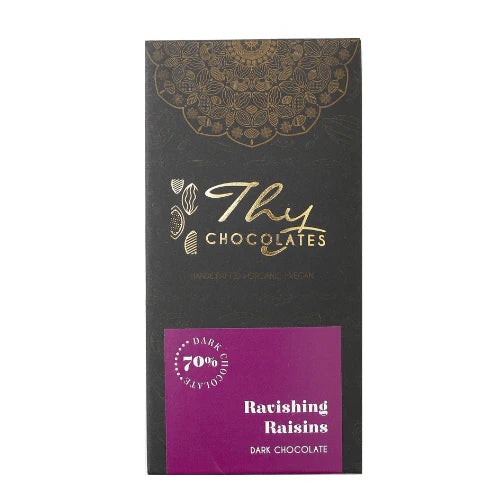 Dark Chocolate | Ravishing Raisins 70% Dark Chocolate (Sweetened With Brown Sugar) - Bean To Bar - No Additives, Colours & No Added Preservatives - Thy Chocolates - 50gm