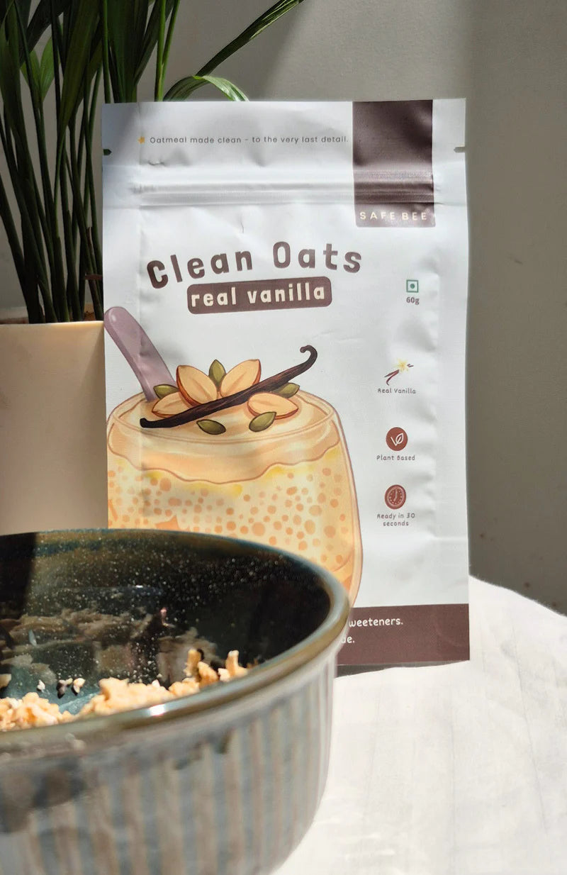 Clean Oats (Real Vanilla )- Date sweetened &amp; No lab-made flavours- 100% Wholefood, Plant Based -No additives , No emulsifiers, No Added Oils , No Syrups – Safe Bee – 60gm