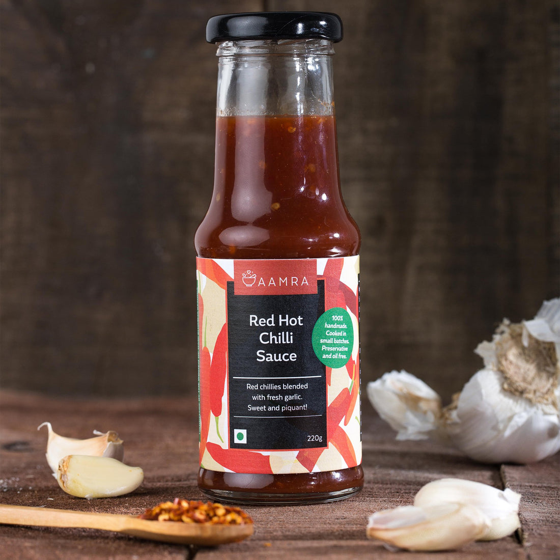 Chilli Sauce | Red Hot Chilli Sauce (Red Chillies Blended With Fresh Garlic Sweet And Piquant) - Handmade - No Added Preservatives & Oil Free - Aamra - 220gm