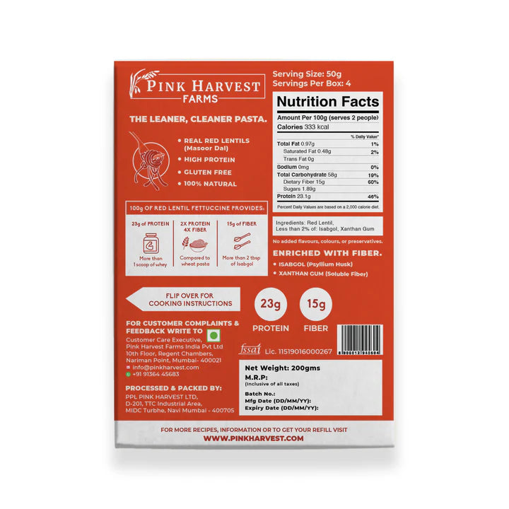 Pasta | Red Lentil Fettuccine (Made With 100% Masoor Dal) - Vegan, Gluten free, No Rice &amp;amp; No Wheat - Pink Harvest - 200gm