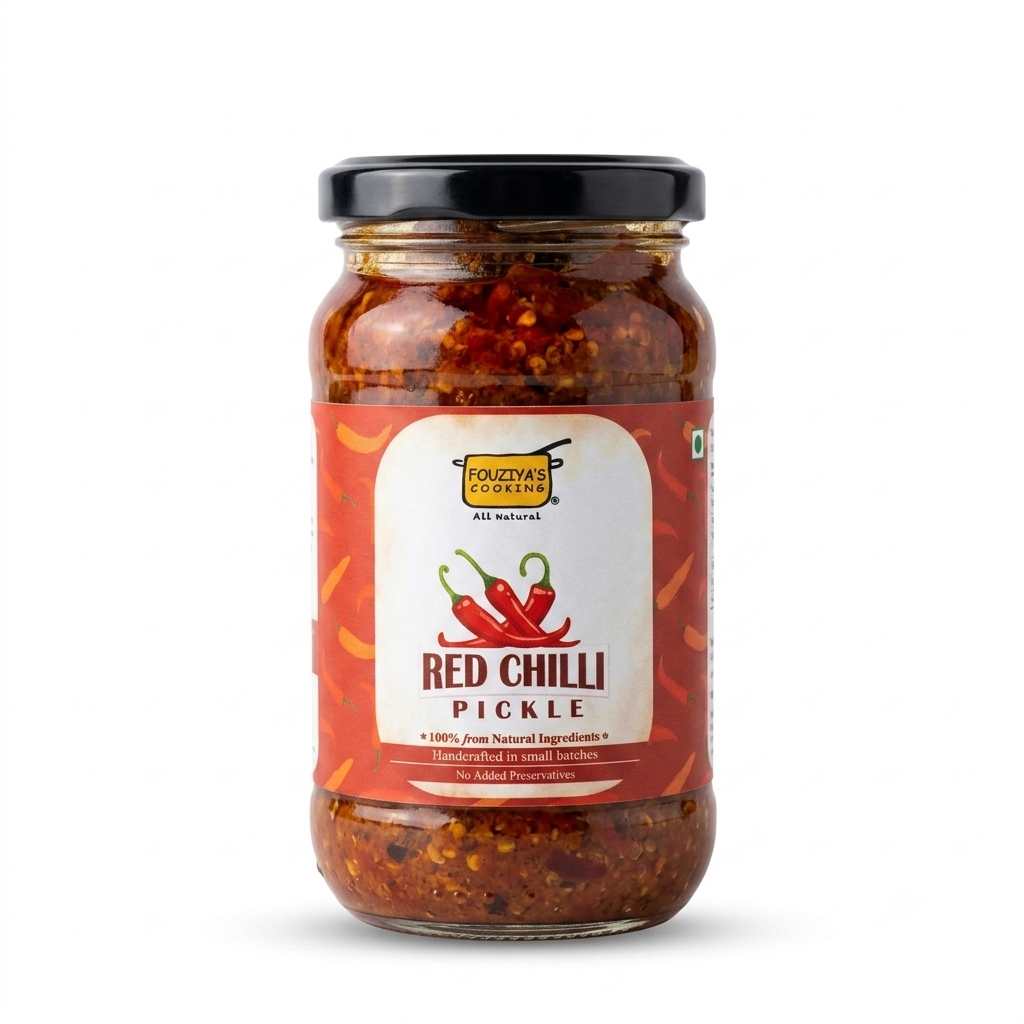 Pickle | Red Chilli Pickle – Handcrafted – 100% Natural Ingredients-Cold Pressed Oil – No Added Artificial Preservatives – Fouziyas Cooking – 225gm